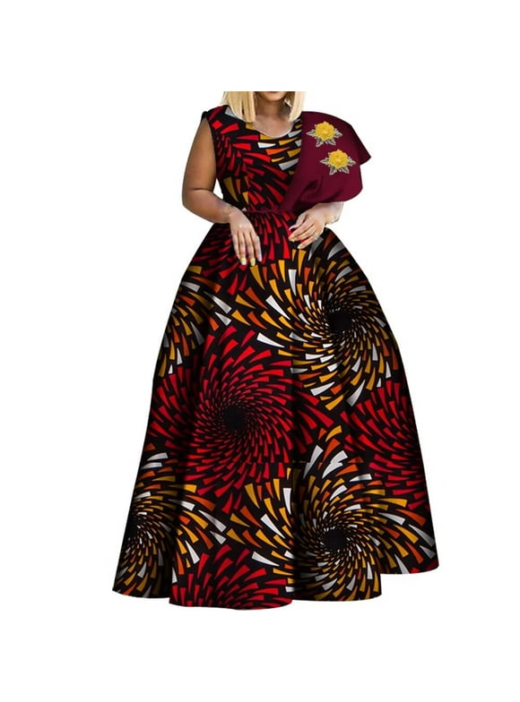 BintaRealWax Dashiki African Print Dresses Plus Size Sleeveless High Waisted Big Hem Party Dresses Batik Cotton Fabric