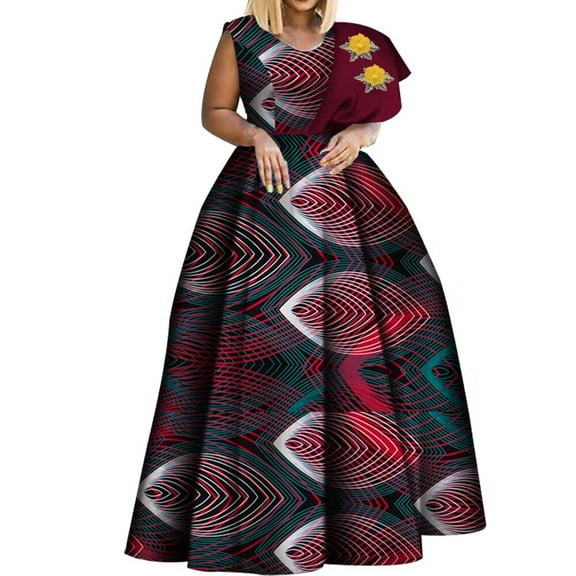 BintaRealWax Dashiki African Print Dresses Plus Size Sleeveless High Waisted Big Hem Party Dresses Batik Cotton Fabric