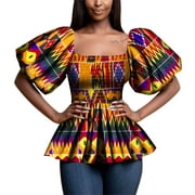 BintaRealWax Kente African Blouse for Women Boho African Print Top Ankara Shirt Lantern Sleeve Swing Tunic Top