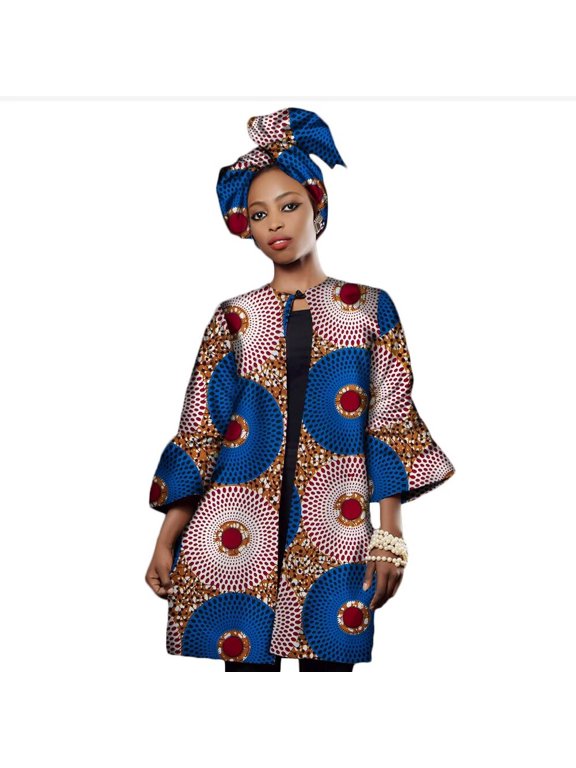 Women African Print Clothing Dashiki Three Quarter Sleeve Trench Coat for Women Plus Size Africa Clothes Tops with Headtie Women's coat WWY2322