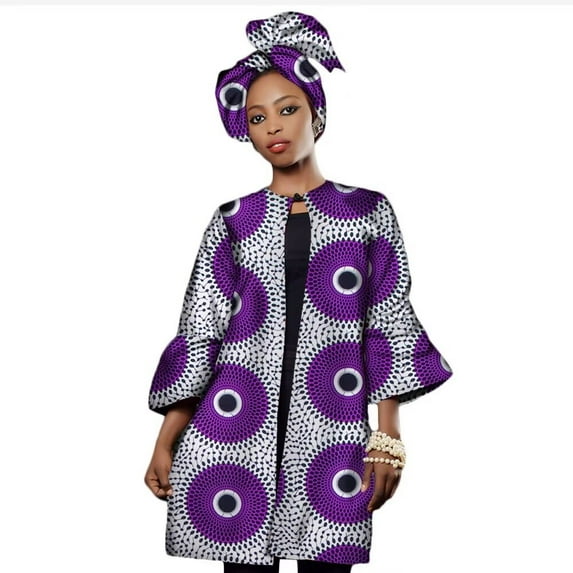 BintaRealWax Women African Print Clothing Dashiki Three Quarter Sleeve Trench Coat for Women Plus Size Africa Clothes Tops with Headtie WY2322