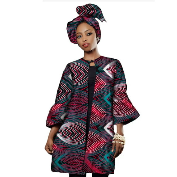 BintaRealWax Women African Print Clothing Dashiki Three Quarter Sleeve Trench Coat for Women Plus Size Africa Clothes Tops with Headtie WY2322