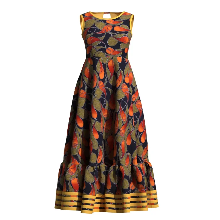 BintaRealWax Women Sleeveless African Ankara Maxi Dress Ruffle Hem Flared Dresses for Wedding Party