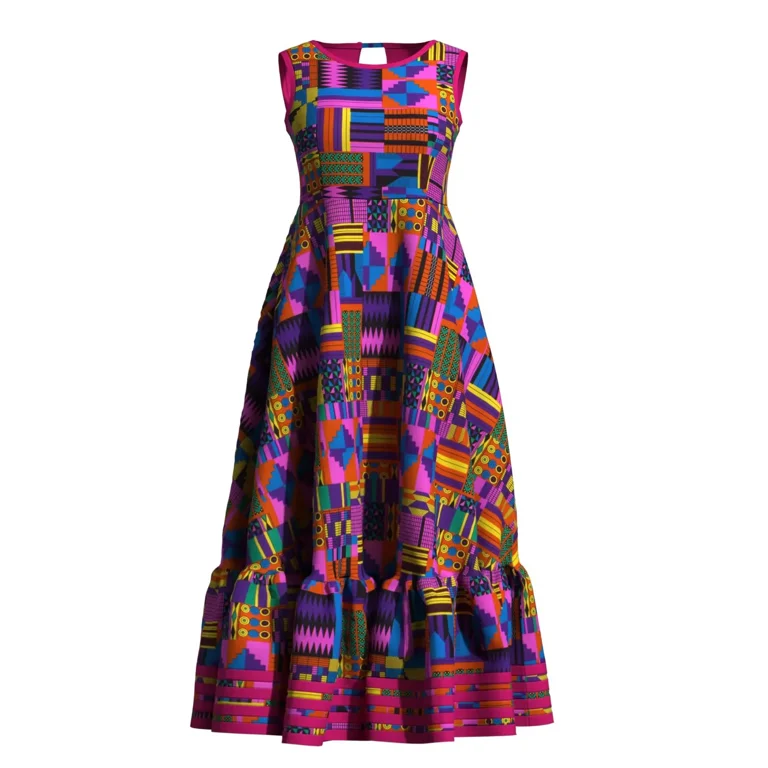 Bintarealwax Women Sleeveless African Ankara Maxi Dress Ruffle Hem Flared Dresses for Wedding Party, Women's, Size: Medium