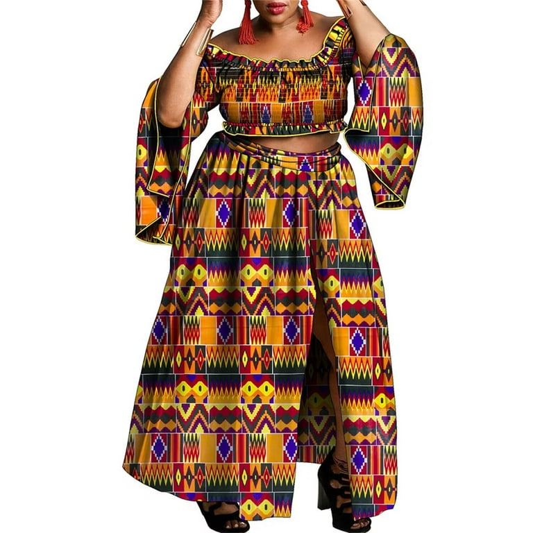 BintaRealWax Women s 2 Piece Outfit African Clothes Wax Print Smocked Tops High Split Maxi Skirt Set Ankara Dress Walmart