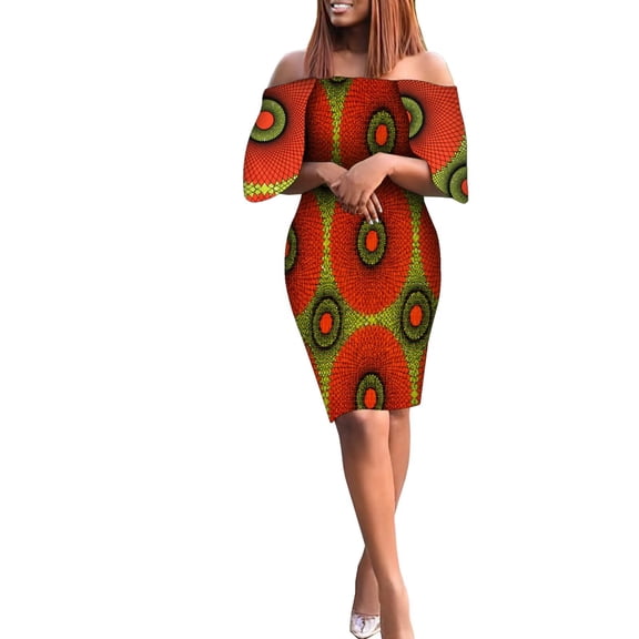 BintaRealWax Women's African Dress Boho Sexy Off Shoulder short sleeves Smocked elasticity Midi Dress