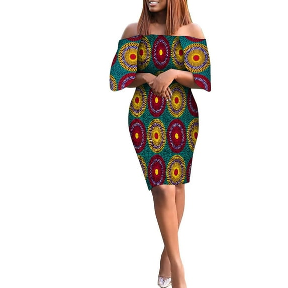 BintaRealWax Women's African Dress Boho Sexy Off Shoulder short sleeves Smocked elasticity Midi Dress
