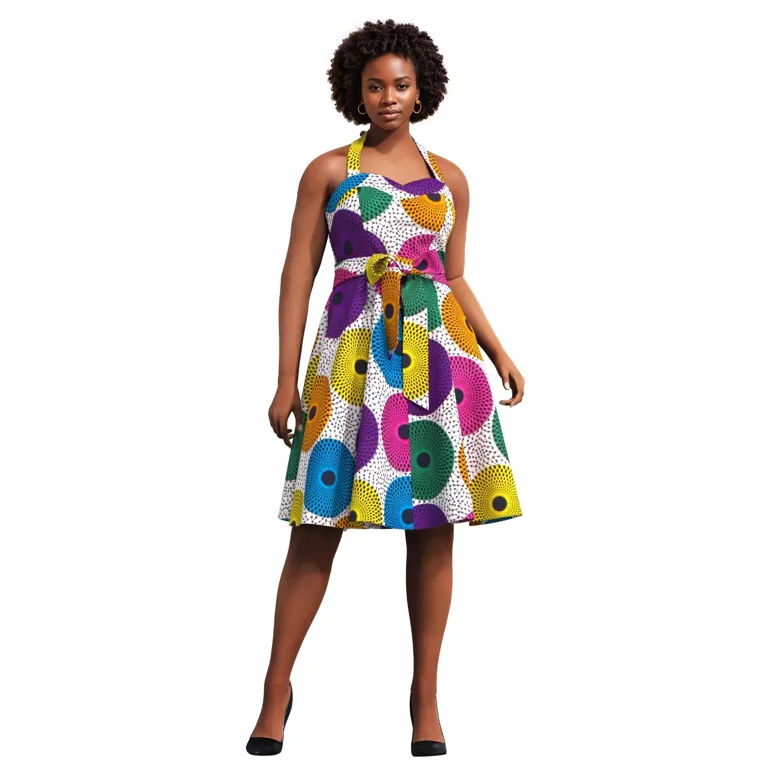 african halter dress Bintarealwax Women's Print High Waist Sleeveless Retro Cocktail Dress Summer Party, Size: XS HL23