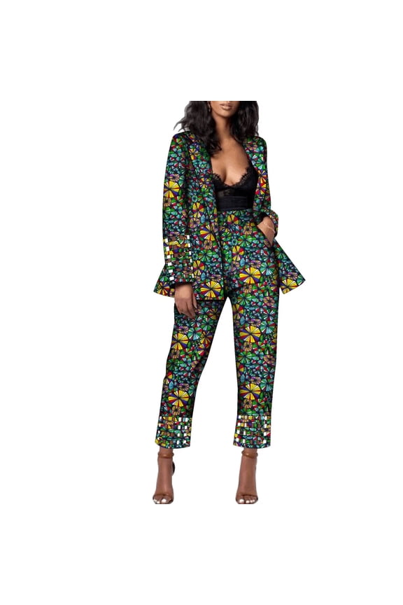 Women's Suit Two Piece Suit Casual Fashion Multi-color Lapel Blazer and Suit Pants Set Wrist Legs Hollow Out Styling African Women's Suit