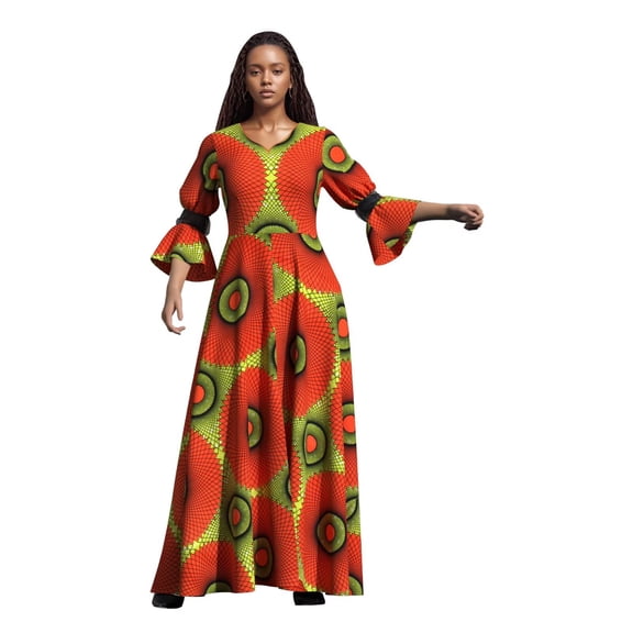BintaRealwax African Dresses for Women Traditional Kente Clothes Long Sleeves Dashiki Dress for Church Party