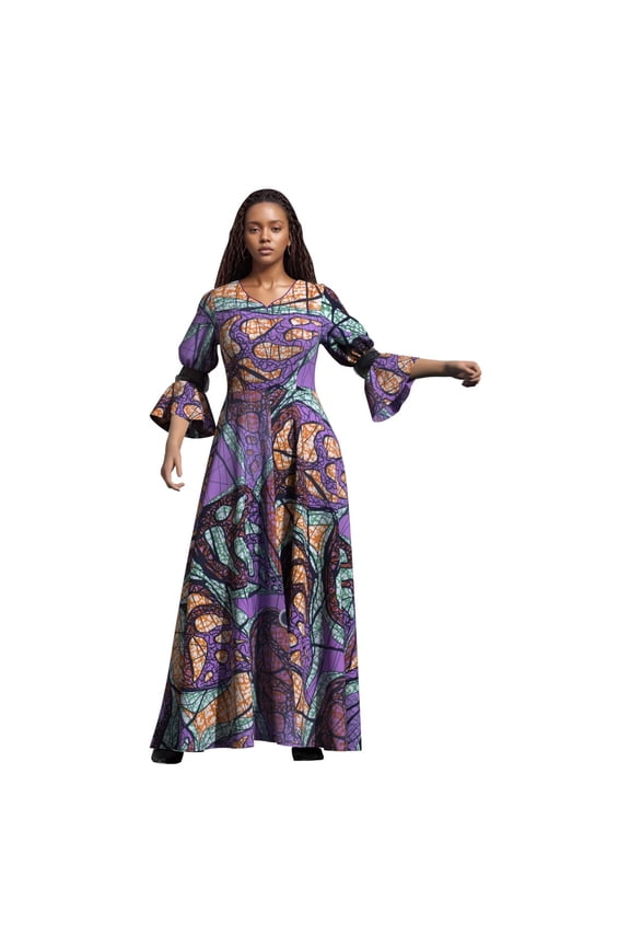 African Dresses for Women Traditional Kente Clothes Long Sleeves Dashiki Dress for Church Party