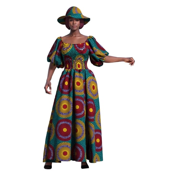 BintaRealwax African Print Dresses for Women Puff Sleeve Maxi Dashiki Smocked Dress with Hat