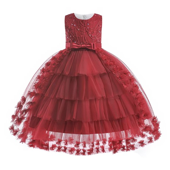 BintaRealwax Flower Girls Princess Ball Gown Layered Tulle Dress with Butterfly Appliques Sequined Bodice