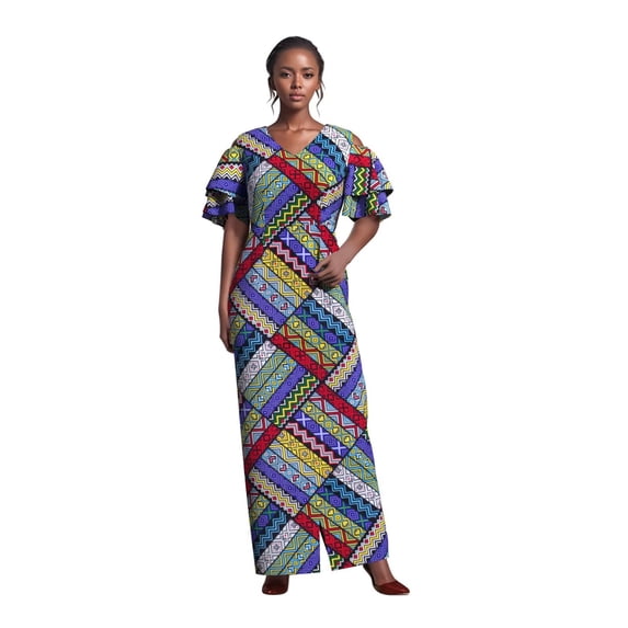 BintaRealwax Women's African Print Maxi Dress Ruffle Sleeve V-Neck Kente Ankara Dashiki Long Dress Wedding Party