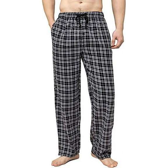 Bintangor Men's Pajama Pant 100% Woven Cotton Plaid Sleep Elastic Waistband Lounge Wear Long Pjs Black 2XL