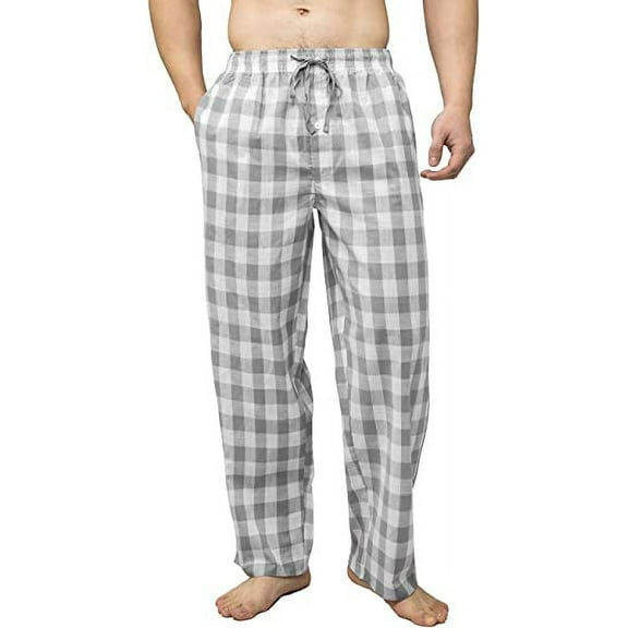 Bintangor Men's Pajama Pant 100% Woven Cotton Plaid Sleep Elastic Waistband Lounge Wear Long Pjs Grey/White L