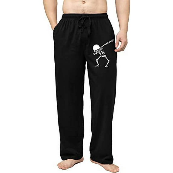 Bintangor Men's Sleep Pajama Pants 100% Cotton Knit Elastic Waistband Lounge Wear Long Skeleton Black L