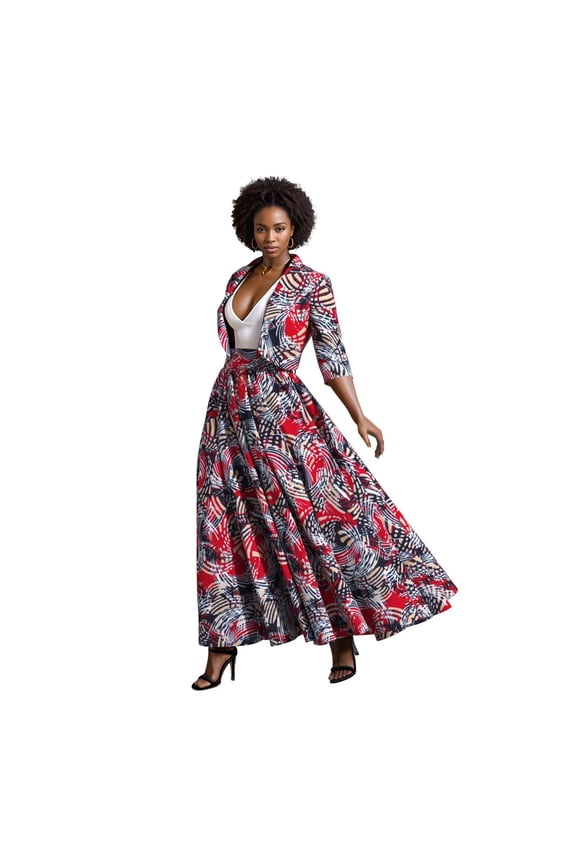 African Attire for Women Floral Print Short Jacket Coat and Long Swing Skirts Fashion Suits Set