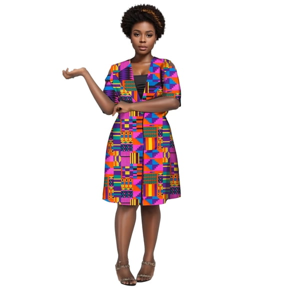 Bintarealwax African Clothes for Women Short Sleeve One button dresss Bazin Riche African Print Clothing Lady African windbreaker WY10358