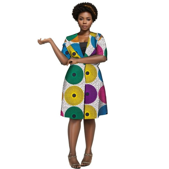 Bintarealwax African Clothes for Women Short Sleeve One button dresss Bazin Riche African Print Clothing Lady African windbreaker WY10358