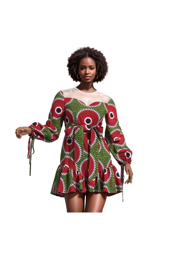 African Dress for Women Elegant Crewneck Long Sleeve Ladies Dashiki Printing Dress with Waistband
