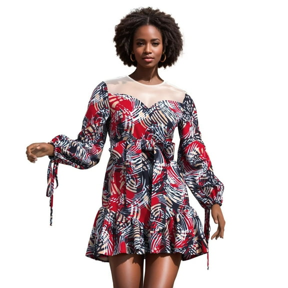 Bintarealwax African Dress for Women Elegant Crewneck Long Sleeve Ladies Dashiki Printing Dress with Waistband