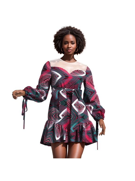 African Dress for Women Elegant Crewneck Long Sleeve Ladies Dashiki Printing Dress with Waistband