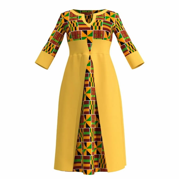 Bintarealwax African Dress for Women Print Three Quarters Sleeves High Waist A Line Ankara Dress Elegant WY11037