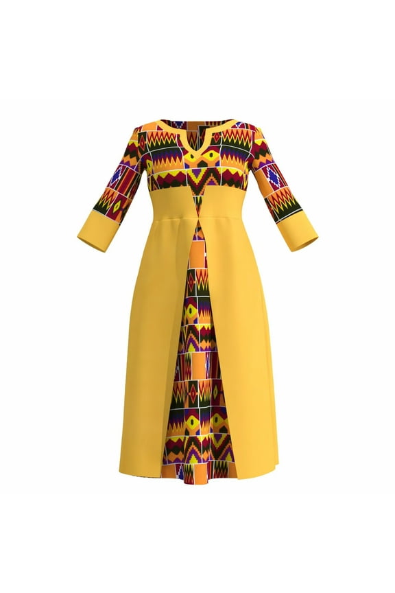 African Dress for Women Print Three Quarters Sleeves High Waist A Line Ankara Dress Elegant WY11037