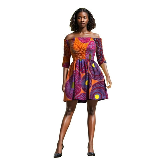 Bintarealwax African Dresses for Women Floral Off the Shoulder Mini Smocked Dress with Short Sleeve Party