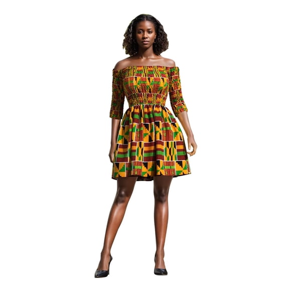 Bintarealwax African Dresses for Women Floral Off the Shoulder Mini Smocked Dress with Short Sleeve Party
