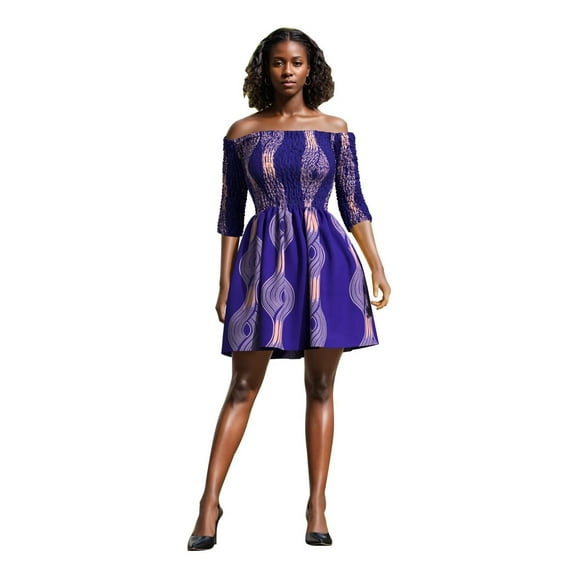 Bintarealwax African Dresses for Women Floral Off the Shoulder Mini Smocked Dress with Short Sleeve Party