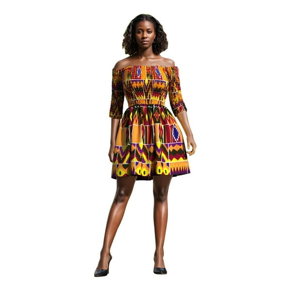 Bintarealwax African Dresses for Women Floral Off the Shoulder Mini Smocked Dress with Short Sleeve Party