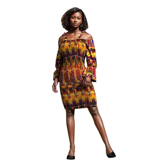 Bintarealwax African Dresses for Women Floral Spaghetti Strap Square Neck Mini Smocked Dress with Long Sleeves