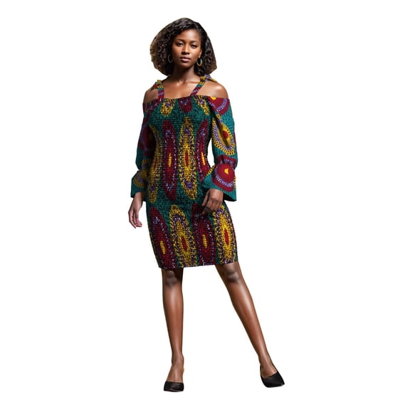 Bintarealwax African Dresses for Women Floral Spaghetti Strap Square Neck Mini Smocked Dress with Long Sleeves