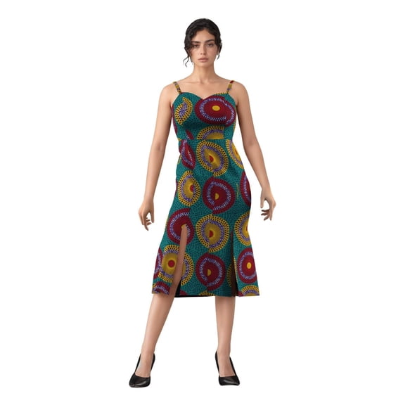 Bintarealwax African Print Dress for Women Sleeveless Sexy Spaghetti Strap Bodycon Midi Dresses Cocktail Party Summer