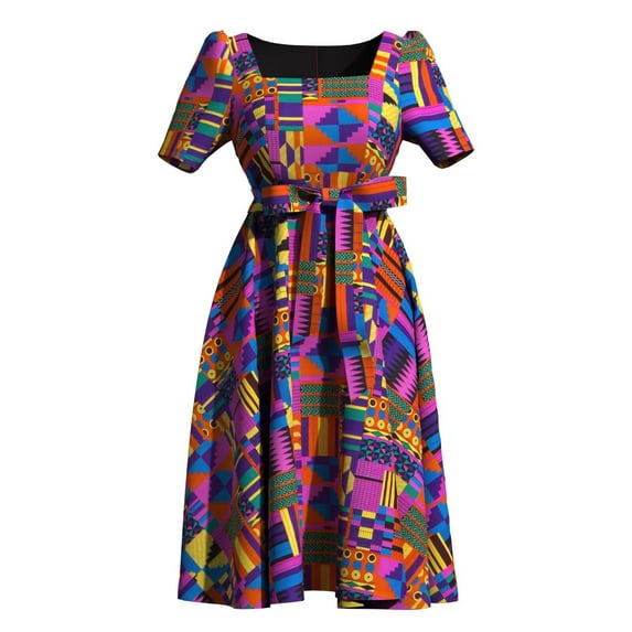 Bintarealwax African Print Short Sleeve Dress Ankara Plus Size Colorful Bright Casual Party Dress with Belt
