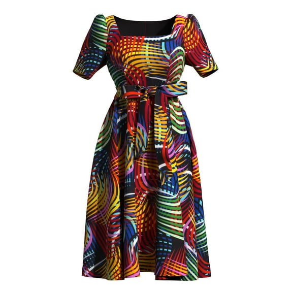 Bintarealwax African Print Short Sleeve Dress Ankara Plus Size Colorful Bright Casual Party Dress with Belt