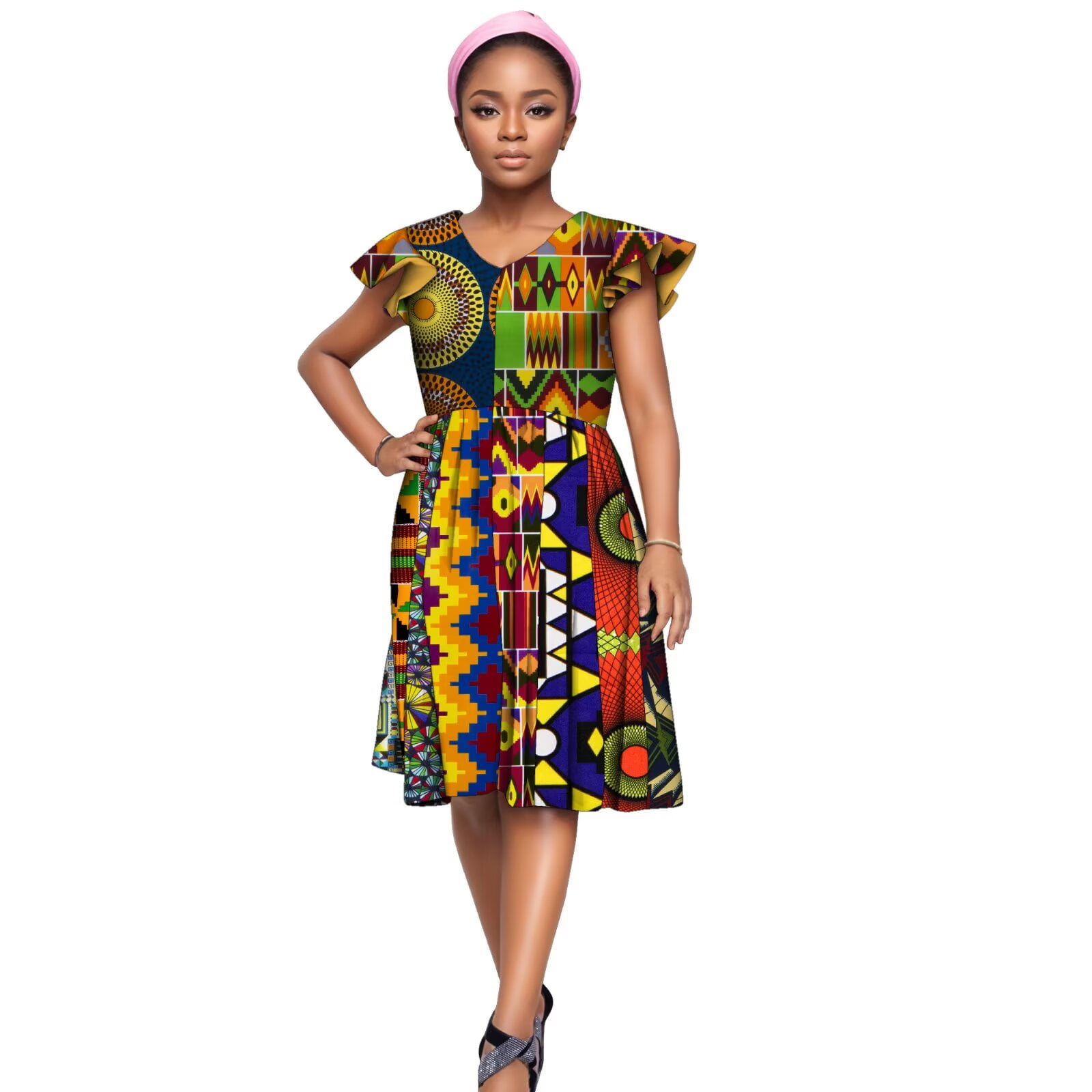 Bintarealwax African V Neck Patchwork Dresses for Women Ankara