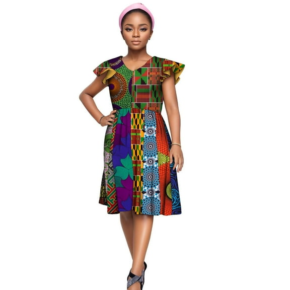 Bintarealwax African V Neck Patchwork Dresses for Women Ankara Dashiki Print Lady Dress Vestidos African Women Clothing Cotton WY228