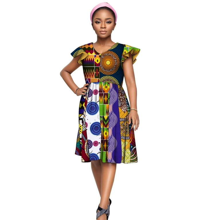 Bintarealwax African V Neck Patchwork Dresses for Women Ankara