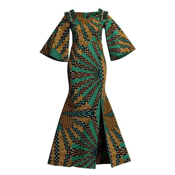 Bintarealwax African Women 3/4sleeve Dresses Ankara Print High Slip Elegant Plus Size Dashiki Outfits Party Wedding Maxi Dresses WYL129