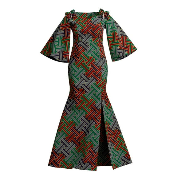 Bintarealwax African Women 3/4sleeve Dresses Ankara Print High Slip Elegant Plus Size Dashiki Outfits Party Wedding Maxi Dresses WYL129