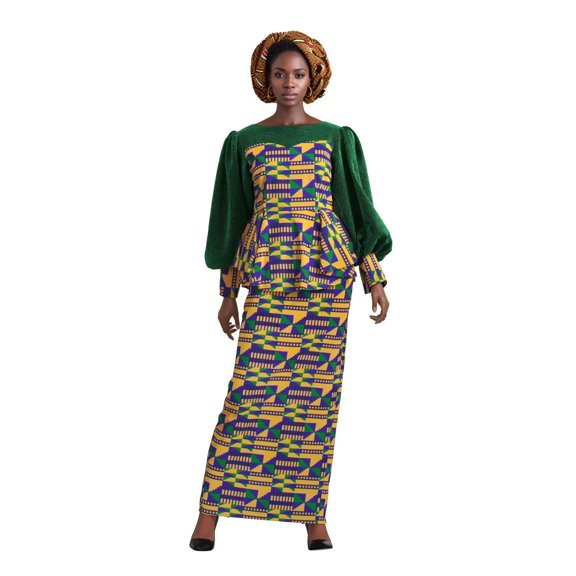 Bintarealwax African Women Velour African Elegant Set skirt for Women Lady Party Weaving Velour Collar African Print Set skirt Evening Set skirt WY10899
