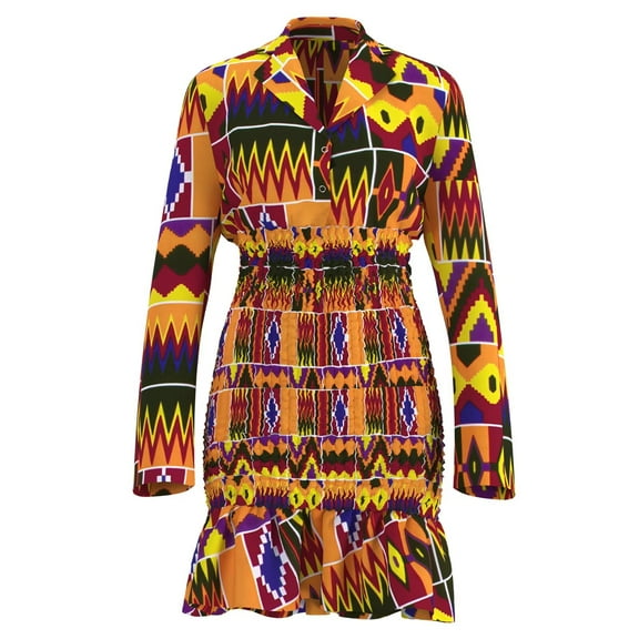 Bintarealwax African Women's Bodycon Dress V Neck Shirt Dress Elasticated Ankara Dresses African Print Strentch Long Sleeve Party Dresses WY10859