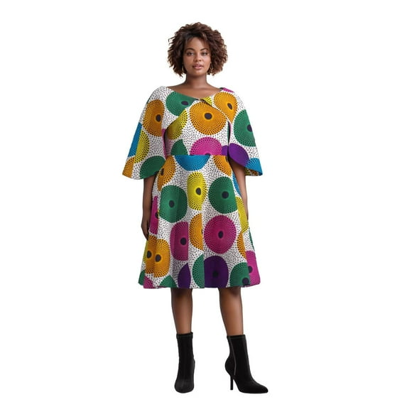 Bintarealwax African Women's Knee Length Dress Shawl Collar Dress African Print Dress Women's Clothing WY10400