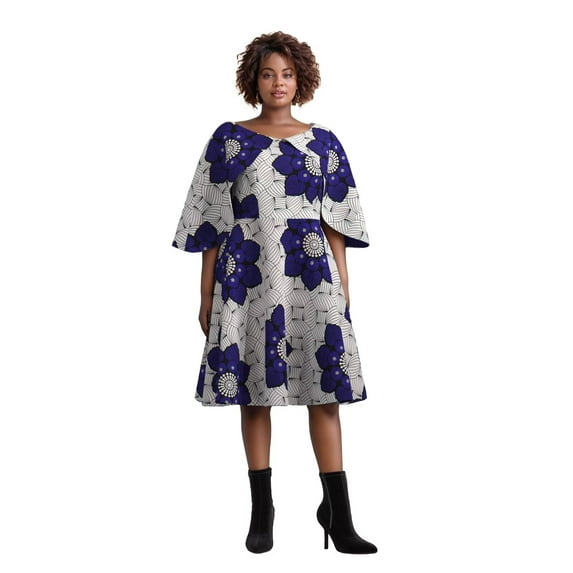 Bintarealwax African Women's Knee Length Dress Shawl Collar Dress African Print Dress Women's Clothing WY10400