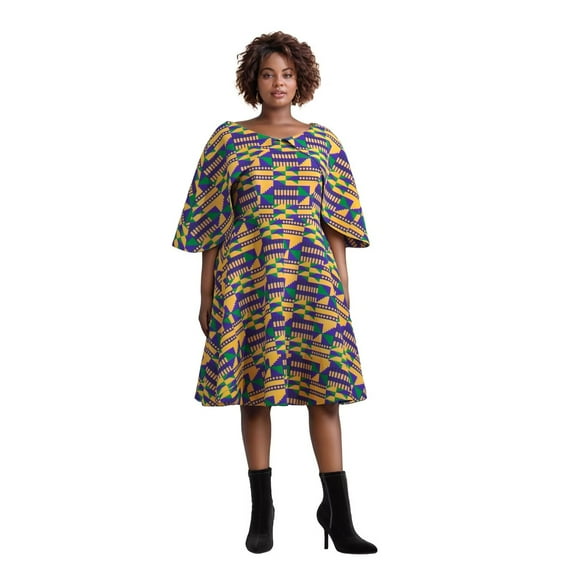 Bintarealwax African Women's Knee Length Dress Shawl Collar Dress African Print Dress Women's Clothing WY10400