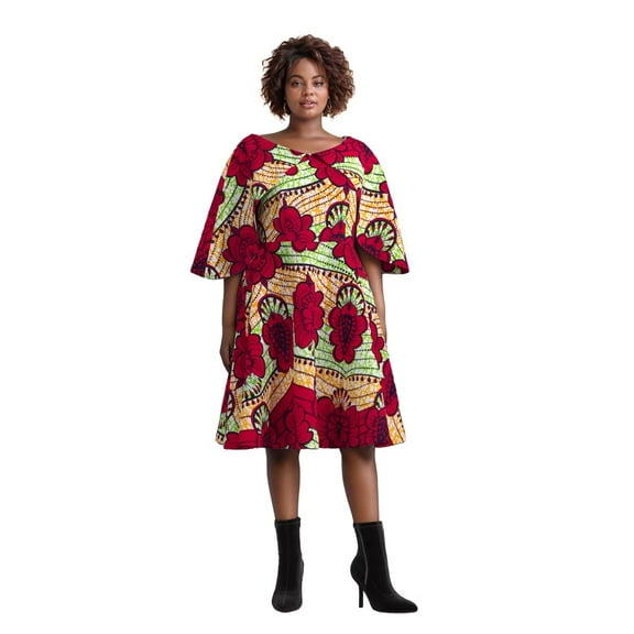 Bintarealwax African Women's Knee Length Dress Shawl Collar Dress African Print Dress Women's Clothing WY10400
