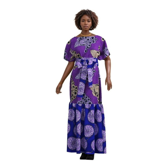 Bintarealwax African Women's Waist Belt Dress Plus Size Dress Casual Loose Dress Simple Versatile Women's Clothing WY10881